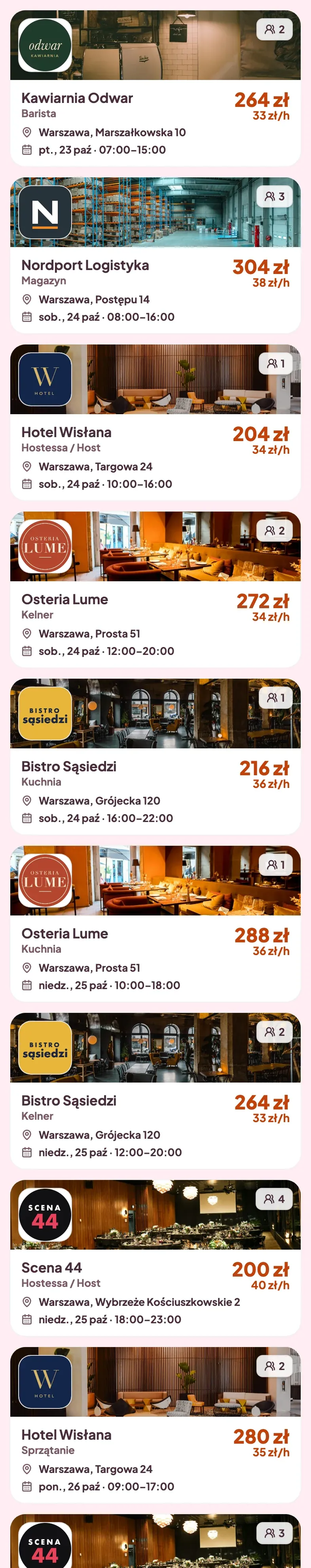 Lista zmian w aplikacji: kawiarnia, magazyn, hotel, restauracje i eventy, z godzinami i stawką