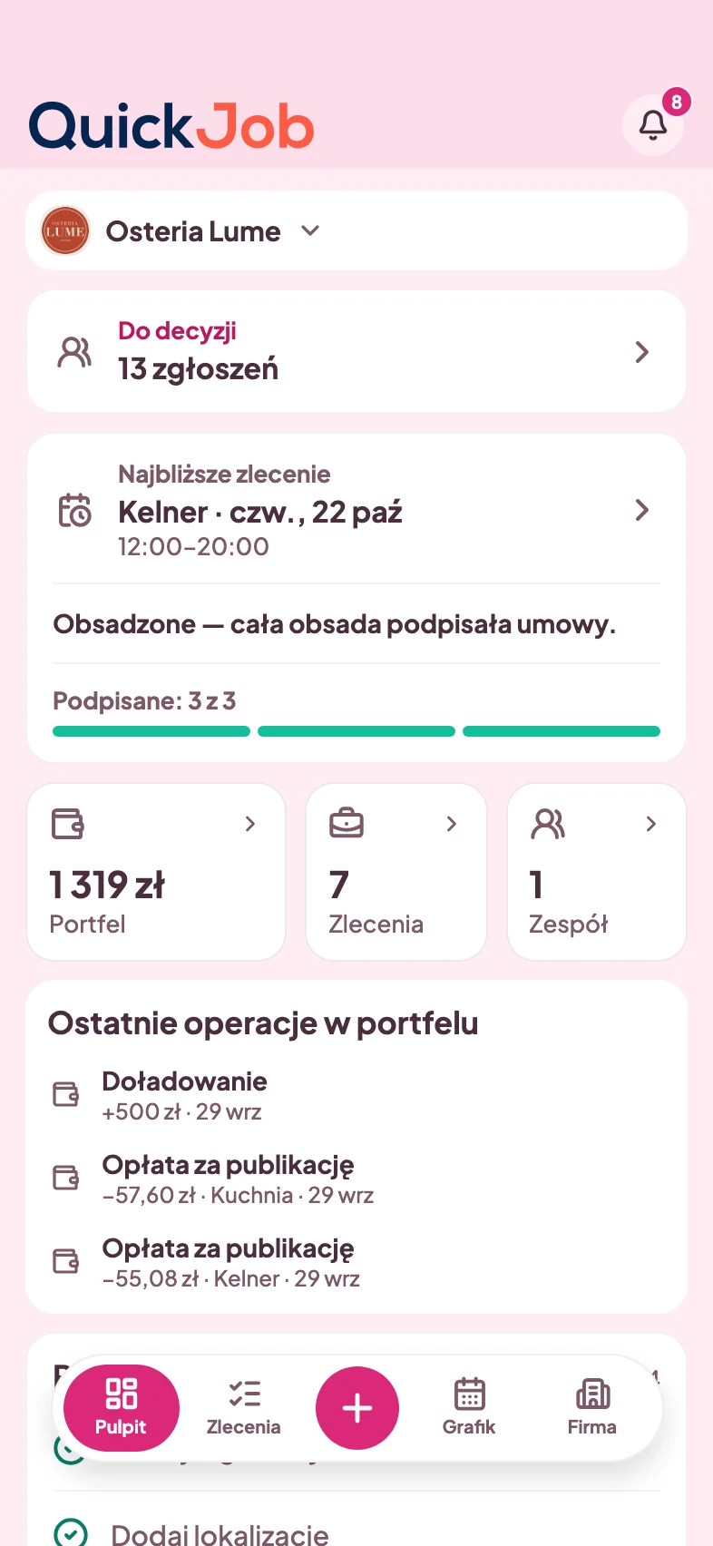 Pulpit firmy: zgłoszenia, najbliższe zlecenie, portfel