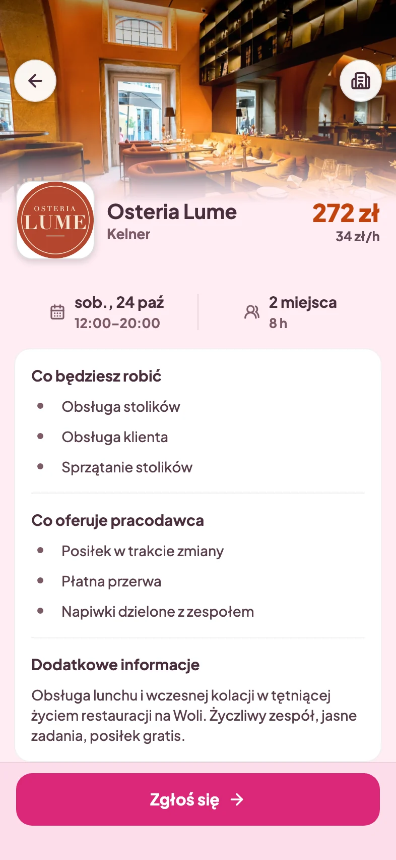 Zlecenie dla kelnera w Osterii Lume i zgłoszenie jednym dotknięciem