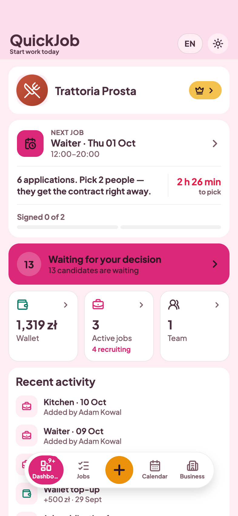 Company dashboard in the QuickJob app with the wallet balance and a top-up in recent activity