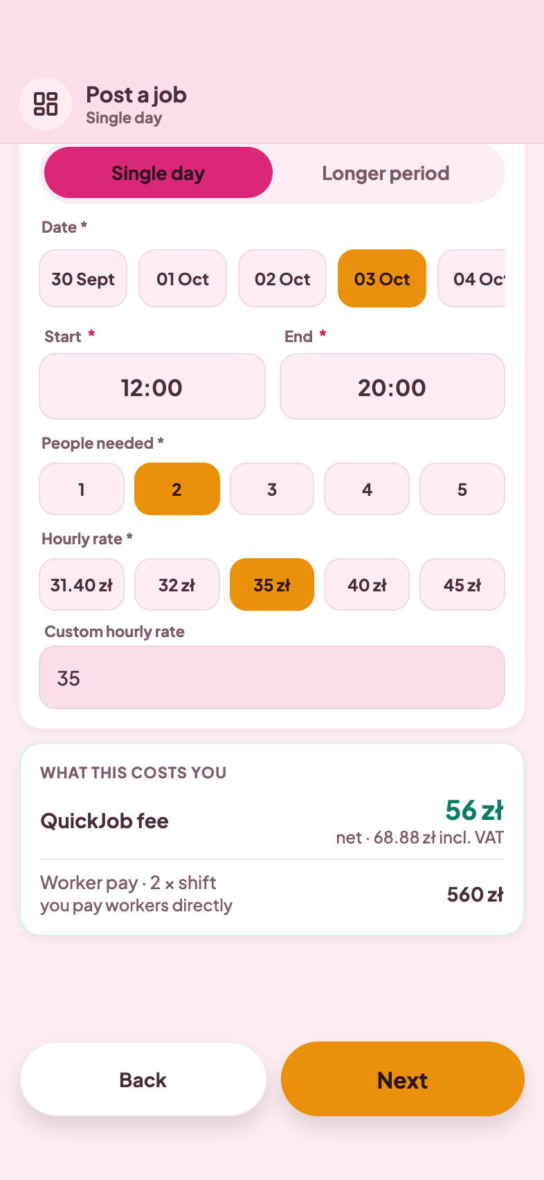 Job wizard in the QuickJob app showing the net and gross fee before publishing