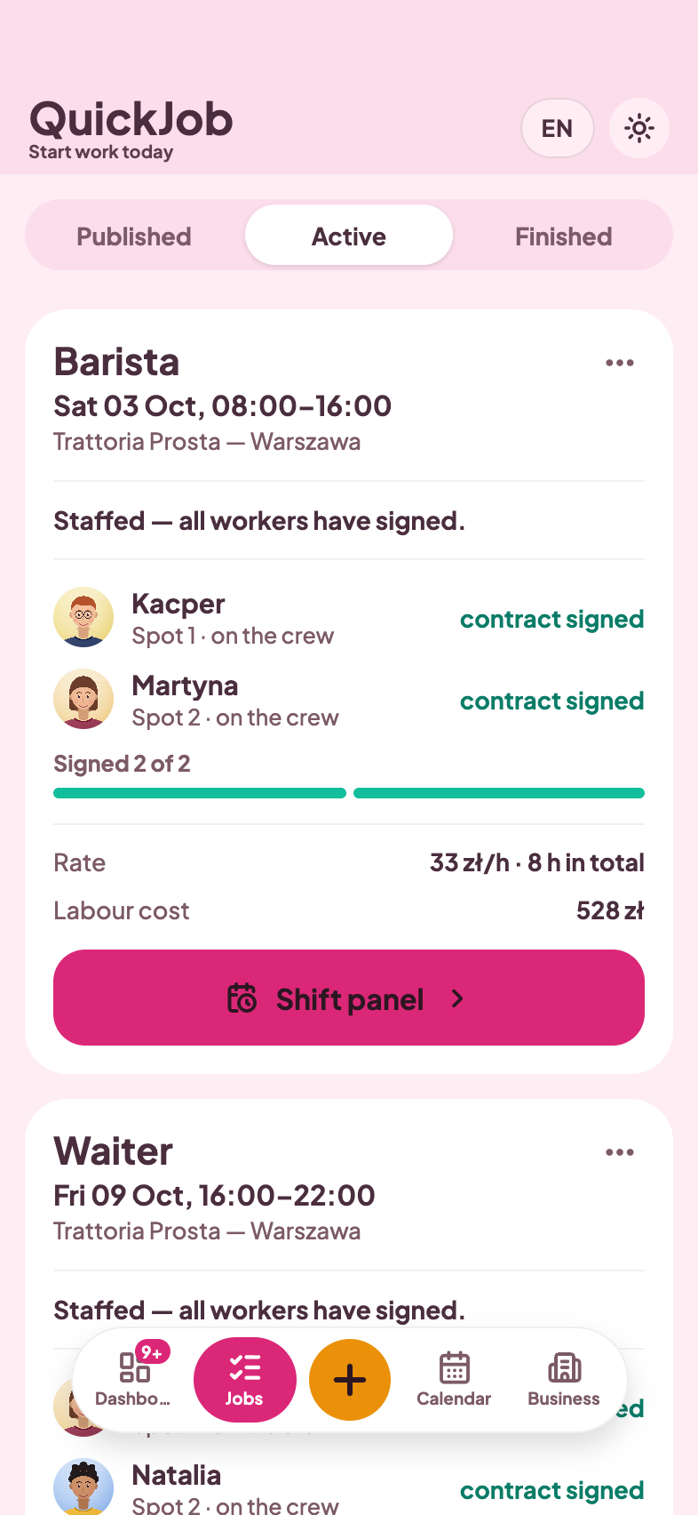 A company’s published jobs in the QuickJob app