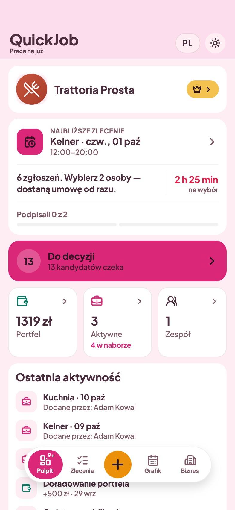 Pulpit firmy w aplikacji QuickJob z saldem portfela i doładowaniem w ostatniej aktywności