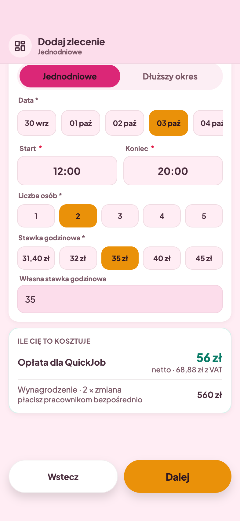 Kreator zlecenia w aplikacji QuickJob z wyliczoną opłatą netto i brutto przed publikacją
