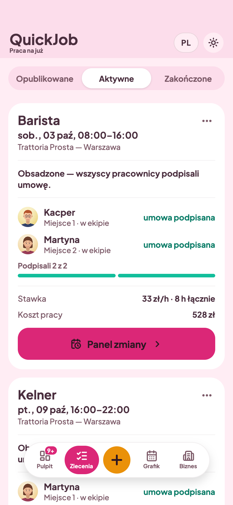 Lista opublikowanych zleceń firmy w aplikacji QuickJob