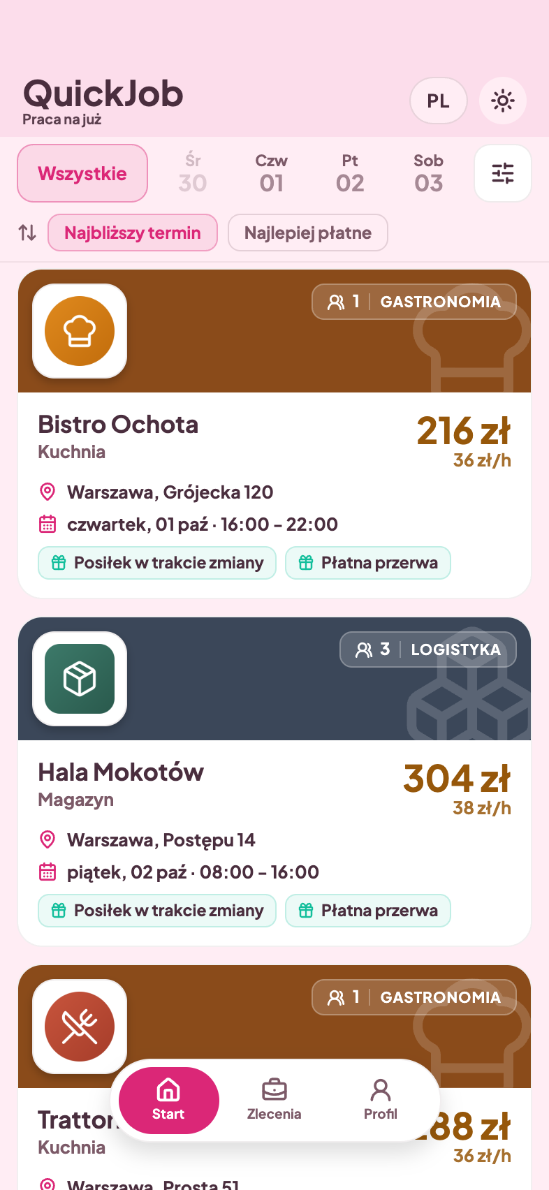 Aplikacja QuickJob: lista otwartych zleceń ze stawkami godzinowymi