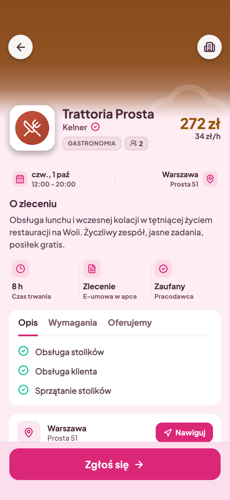 Aplikacja QuickJob: ogłoszenie zlecenia — data, godziny, miejsce i wynagrodzenie