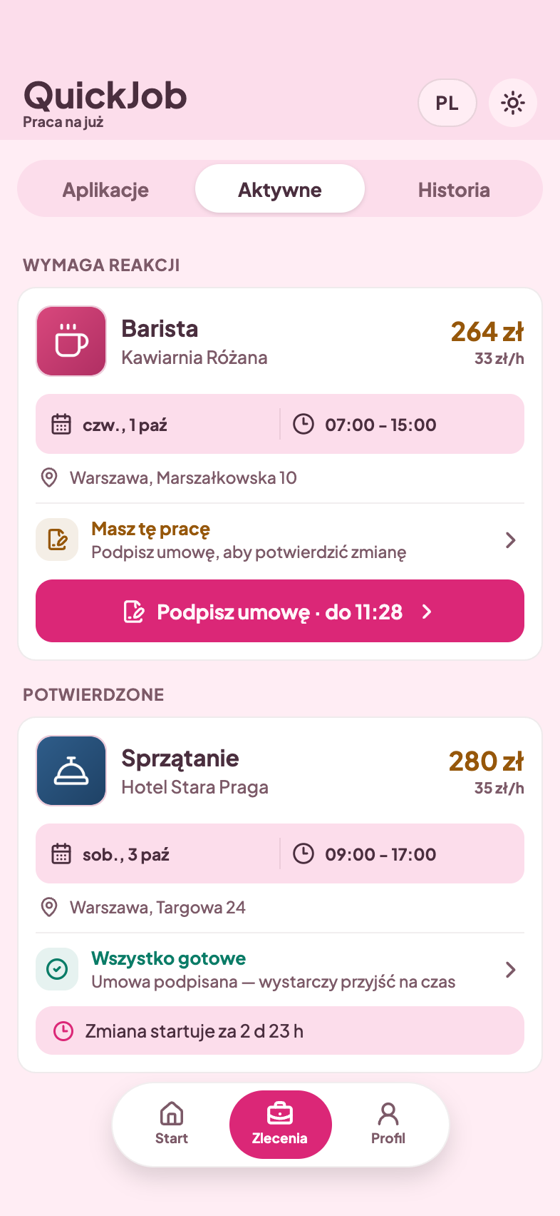 Aplikacja QuickJob: zaakceptowane zlecenie czekające na podpisanie umowy