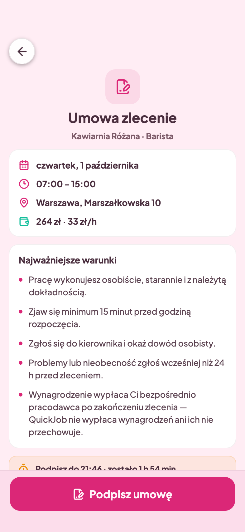 Aplikacja QuickJob: umowa zlecenia z najważniejszymi warunkami i przyciskiem podpisu